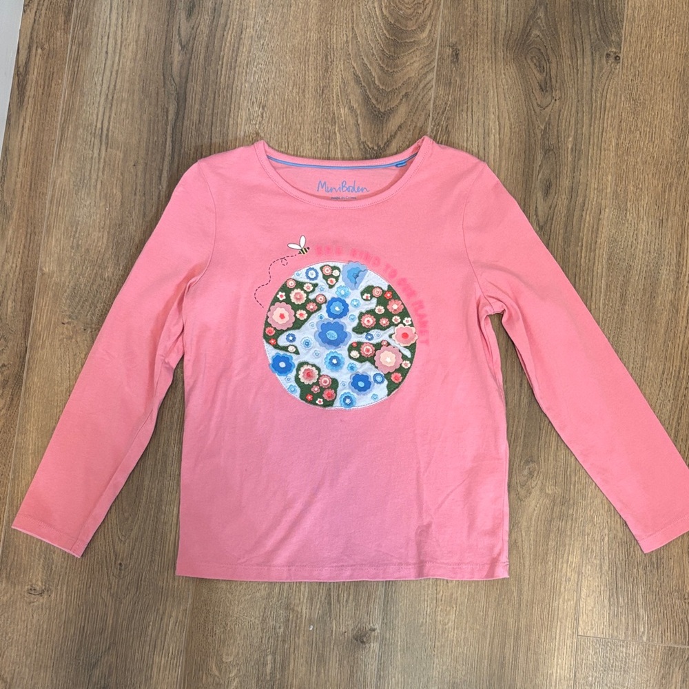 Mini Boden Pink Long-Sleeve Tee with Floral Earth Graphic